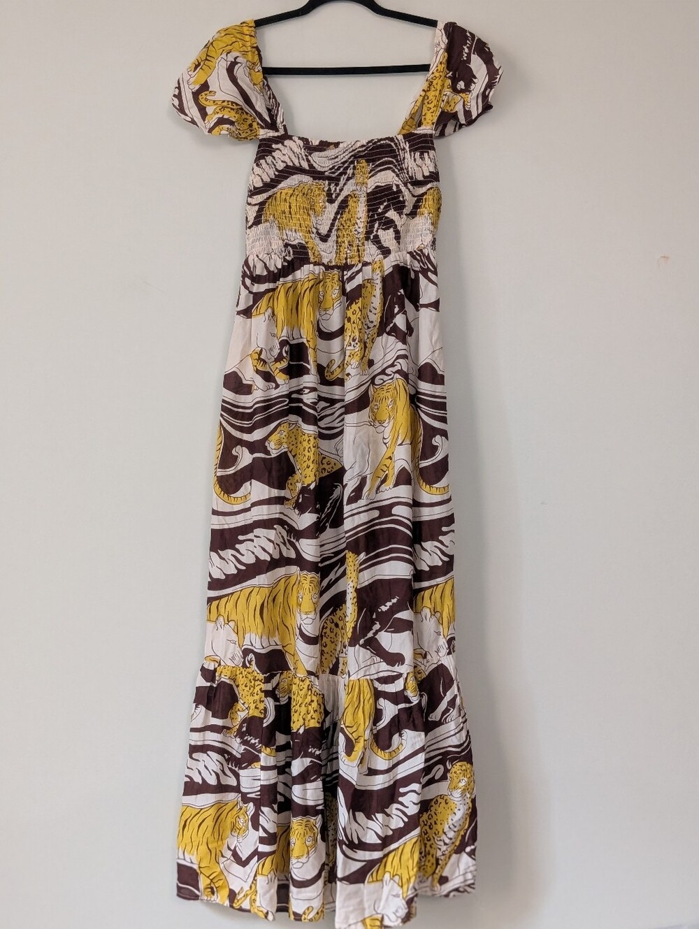 Anthropologie Animal Print Smocked Maxi Dress